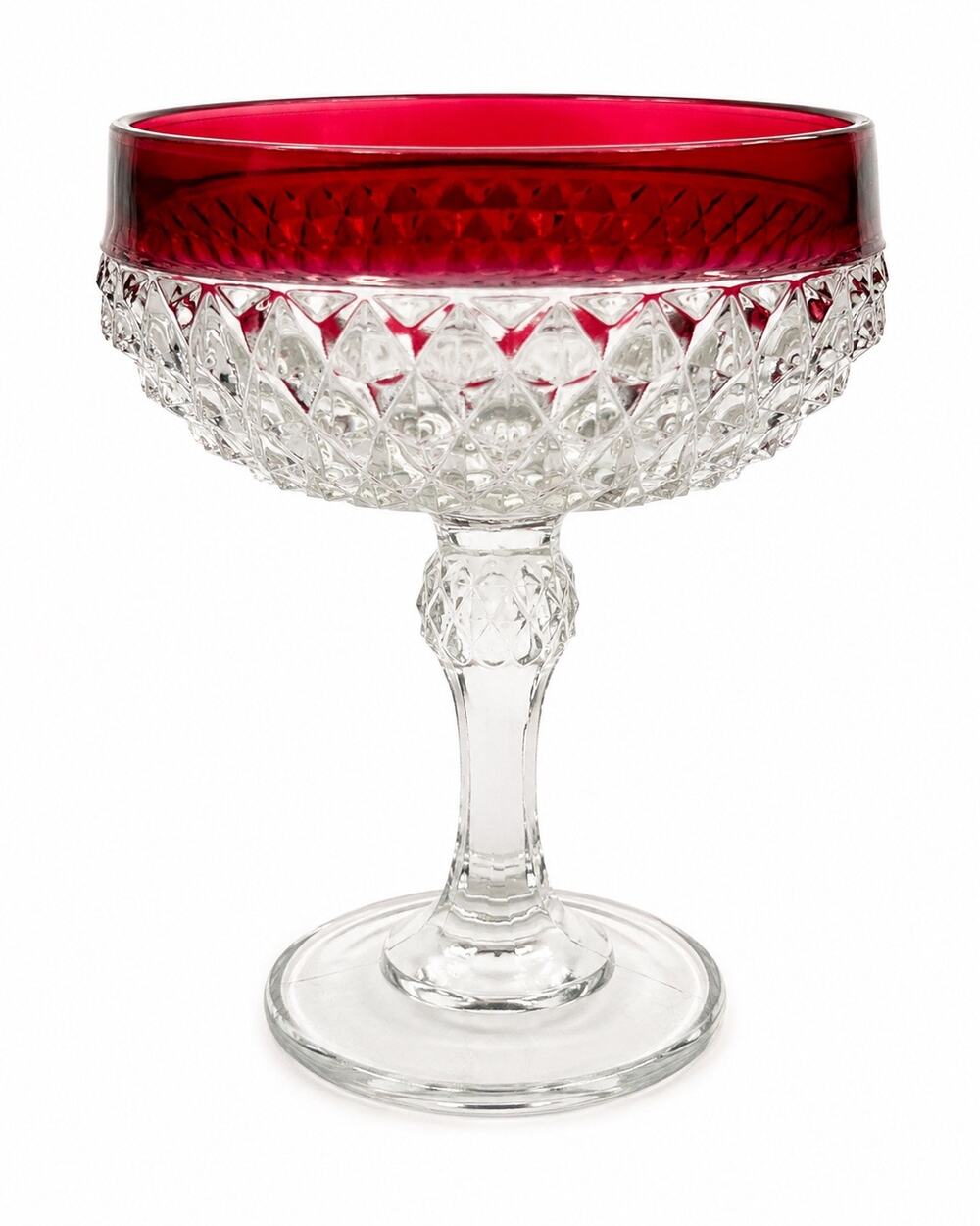 Vintage Ruby Flash Glass Pedestal Compote Candy Dish Bowl Diamond Point Clear